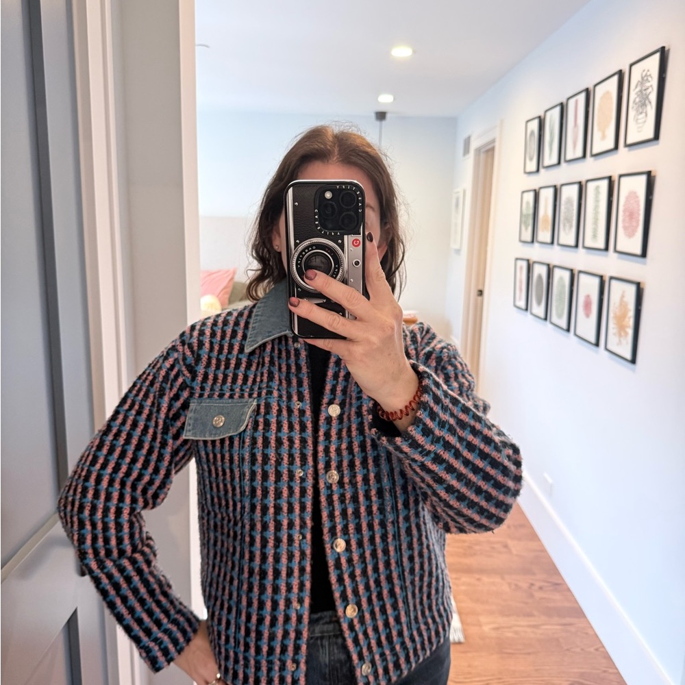 Sandro Pink and Blue Textured Jean Jacket